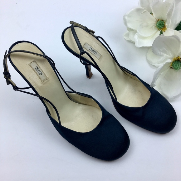 Prada Shoes - PRADA Navy Blue Satin Slingback Heels Size 9.5